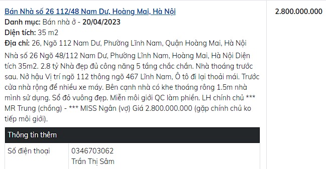 Tin chính chủ tại Hà Nội ngày 20/04/2023